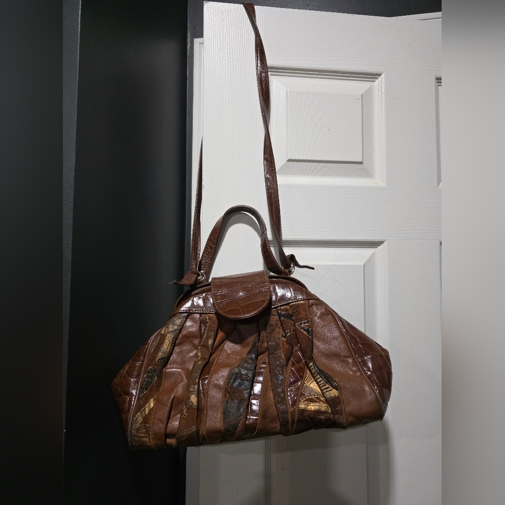 Vtg Brown Patchwork Croc Embossed Shoulder Bag 15… - image 1